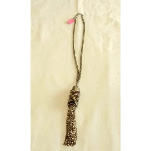 Iris Apfel & Bajalia Gold Brown Rust Metal Beaded Tassel Statement Necklace